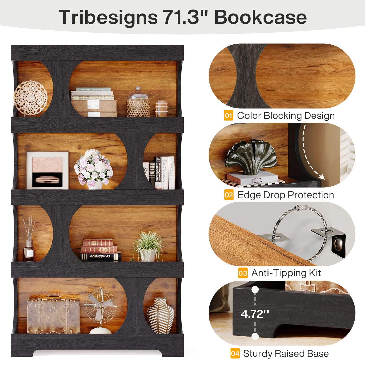 Tribesigns 71" Tall Bookcase, 4-Tier S-Shaped Bookshelf, Wood Decorative Storage Shelving, Modern Freestanding Display Shelves