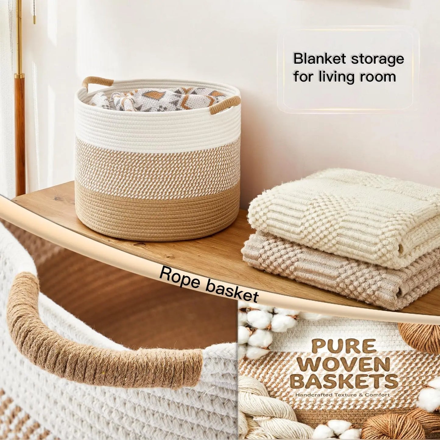 Large 70L Cotton Rope Basket, Boho Woven Storage for Living Room Kids Toys Blankets Laundry