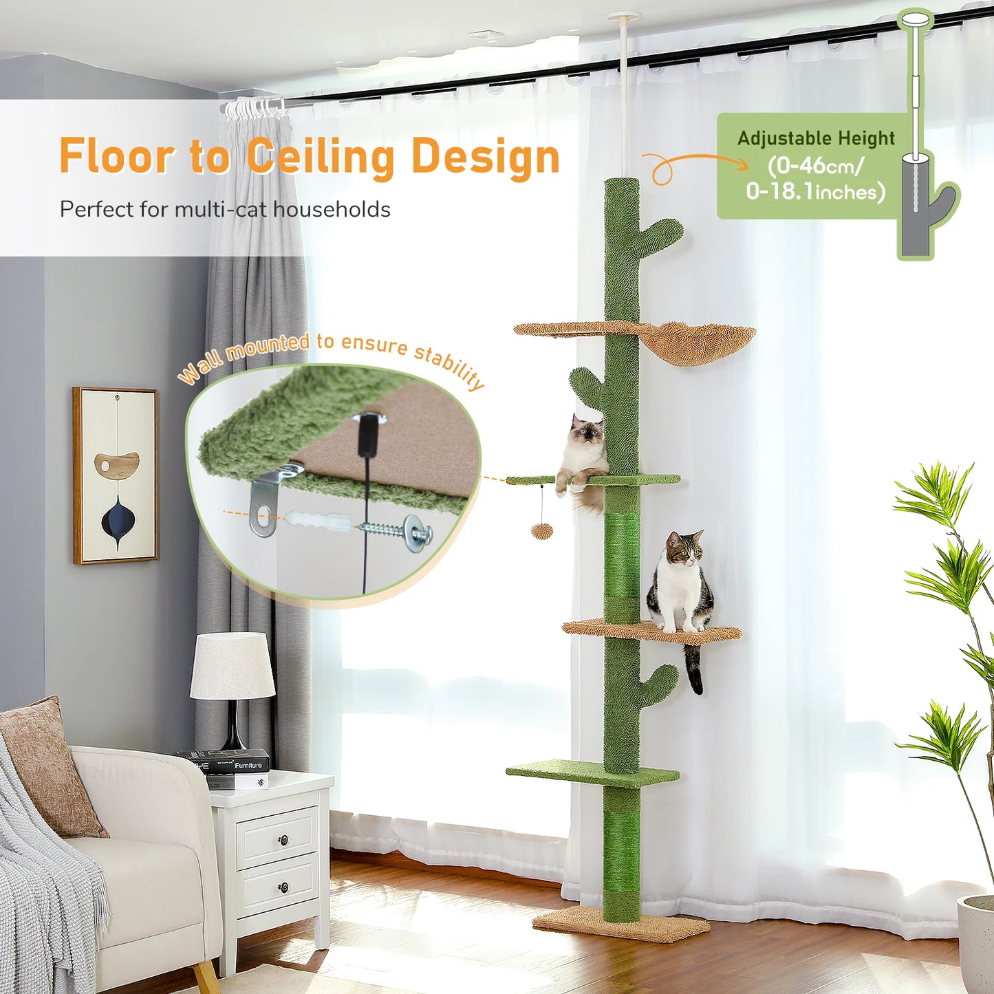 PAWZ Road 5-Tier Cat Tree Floor To Ceiling Climbing Tower