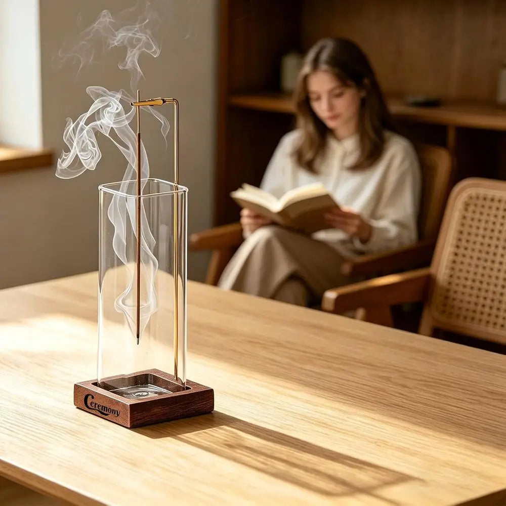 Incense Holder, Wooden Sticks with Glass Ash Catcher, Anti-ash Burner with 20 Incense Sticks and Ash Brush, Meditation Yoga Spa