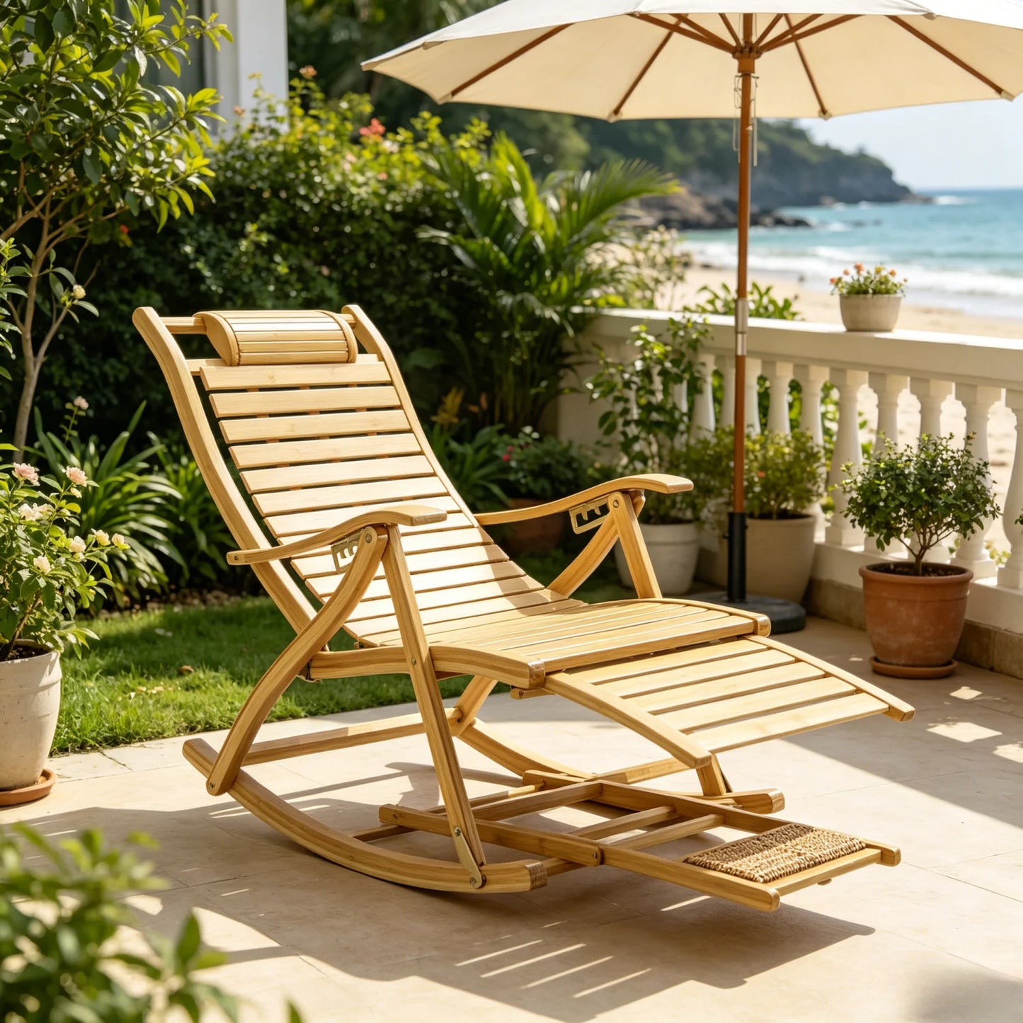 Folding Bamboo Rocking Chair Bamboo for Living Room, Bedroom, Backyard,Indoor Outdoor Furniture Adjustable Sun Lounger Chairs