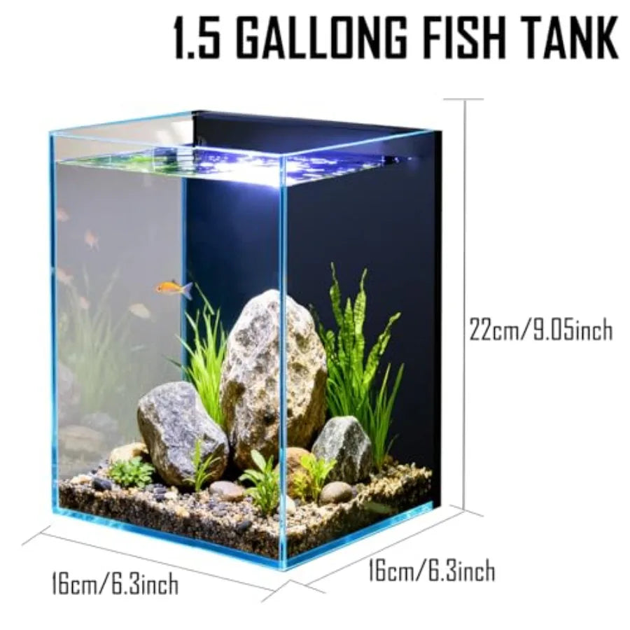 1.5 Gallon Fish Tank Starter Kits, Nano Glass Aquarium with Filter, Led Light for Aquascape DIY Small Betta Fish Tank