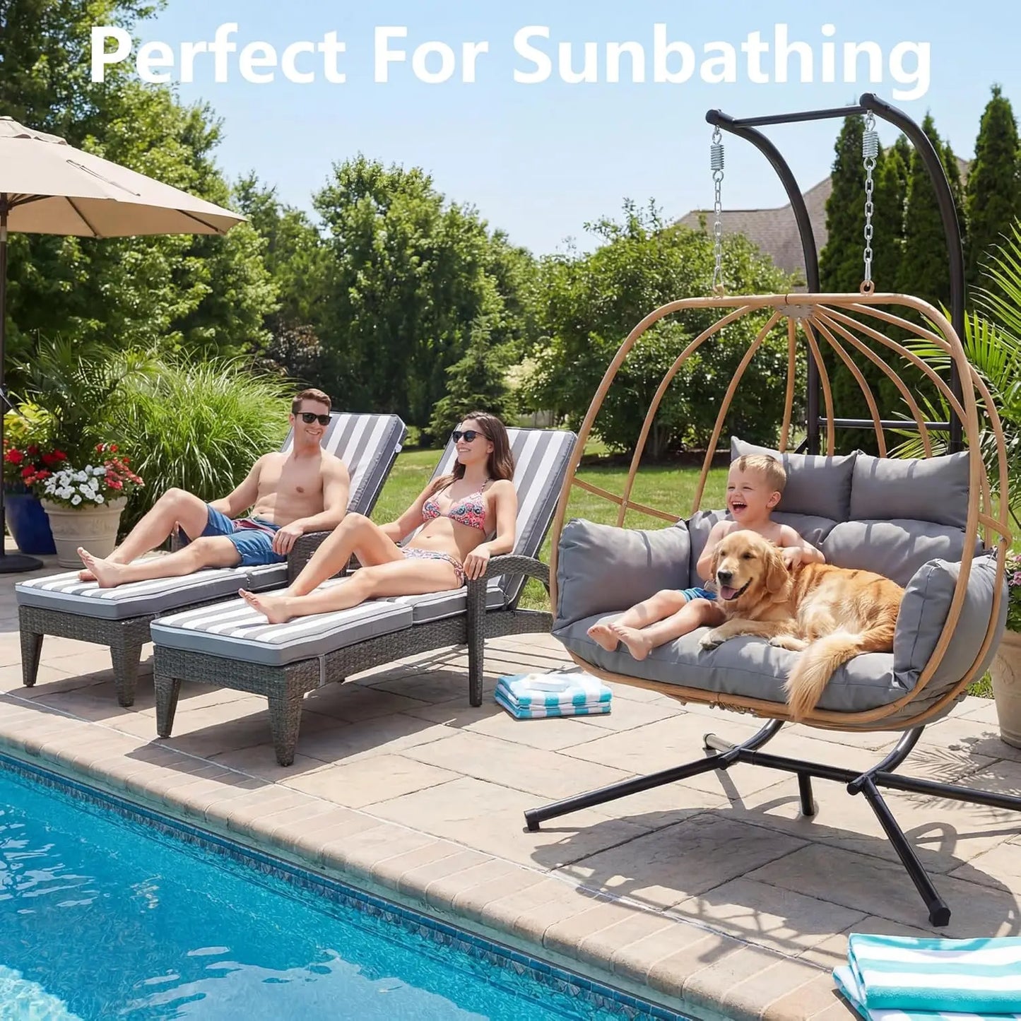 2-Person Outdoor Egg Swing Chair with Cushions Rattan Basket Stand Metal Nest Patio Garden, Customized