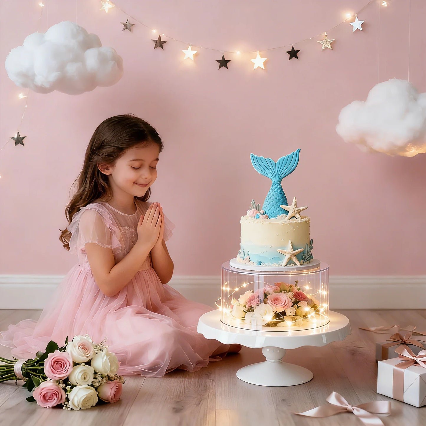 3 PCS Acrylic Cake Stands, Round Clear Fillable Cake Display Risers with LED Light for Wedding Birthday Party