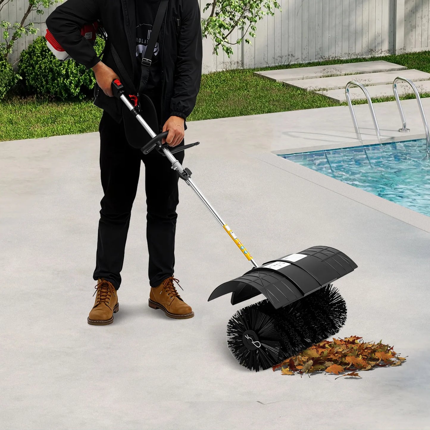 Hand Held Walk Behind Sweeper 2-Stroke 2.3Hp/1700W Gas Power Lawn Sweeper, Broom Petrol Walk Sweeper Brush Outdoor Garden