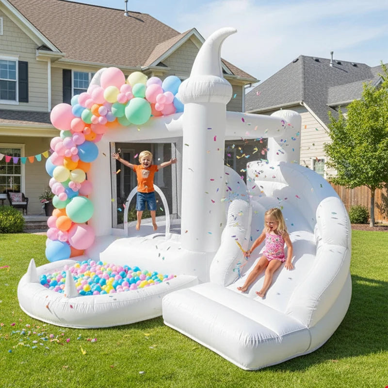 White Bounce House with Blower Kids Ball Pool Family Backyard Bouncy Castle Suitable for Birthady Events Parties Customization