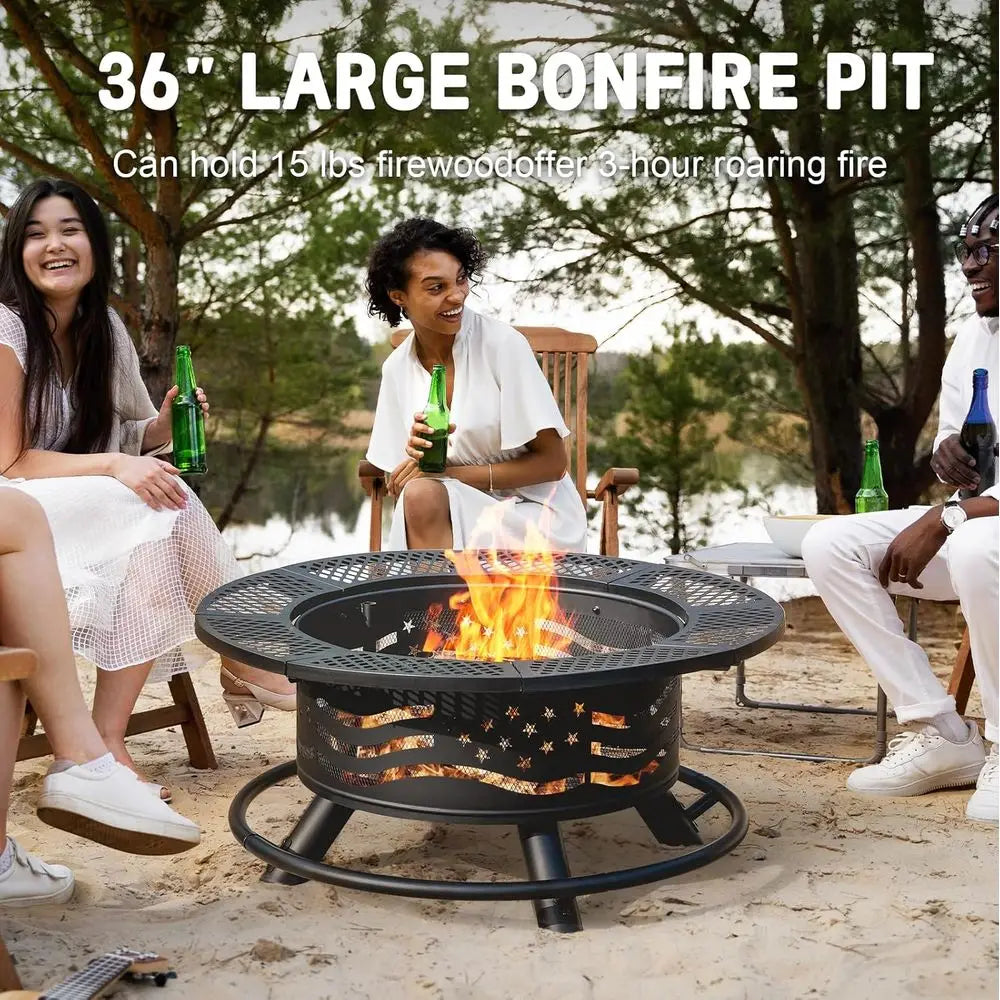 Outdoor Steel Fire Pit With Grates BBQ Grill Cover