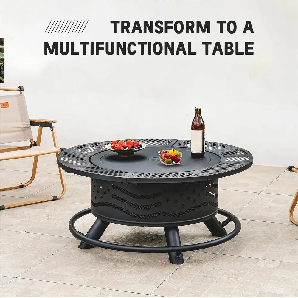 Outdoor Steel Fire Pit With Grates BBQ Grill Cover