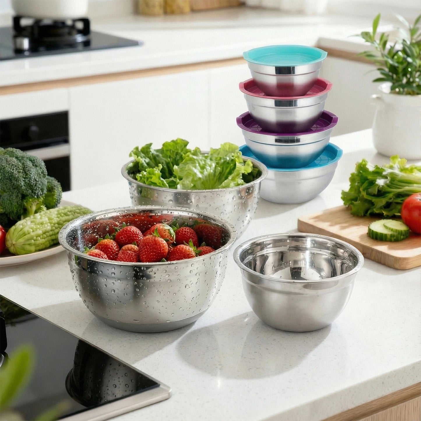 7 PCS Stainless Steel Mixing Bowls with Airtight Lids, 7–11 Inch Nesting Bowls for Kitchen Prep Mixing