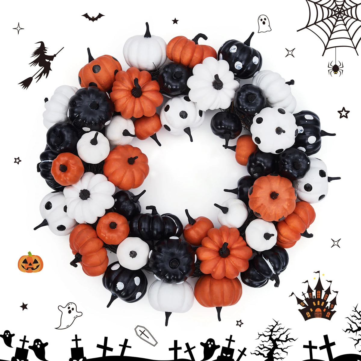 Halloween Pumpkin Wreath with Rattan Base for Fall Home Decor