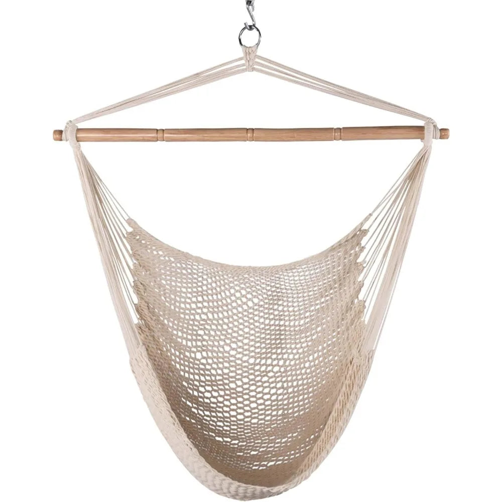 Caribbean Style Hanging Rope Chair with 40 Inch Wood Bar Cotton Weave Indoor Outdoor 300 LB Natural
