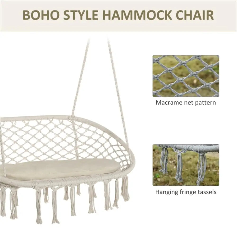 Cream 2-Person Porch Swing Hanging Chair w/ Cushion Cotton Rope Patio Backyard 51.25"x29.5"x15.75" Customized