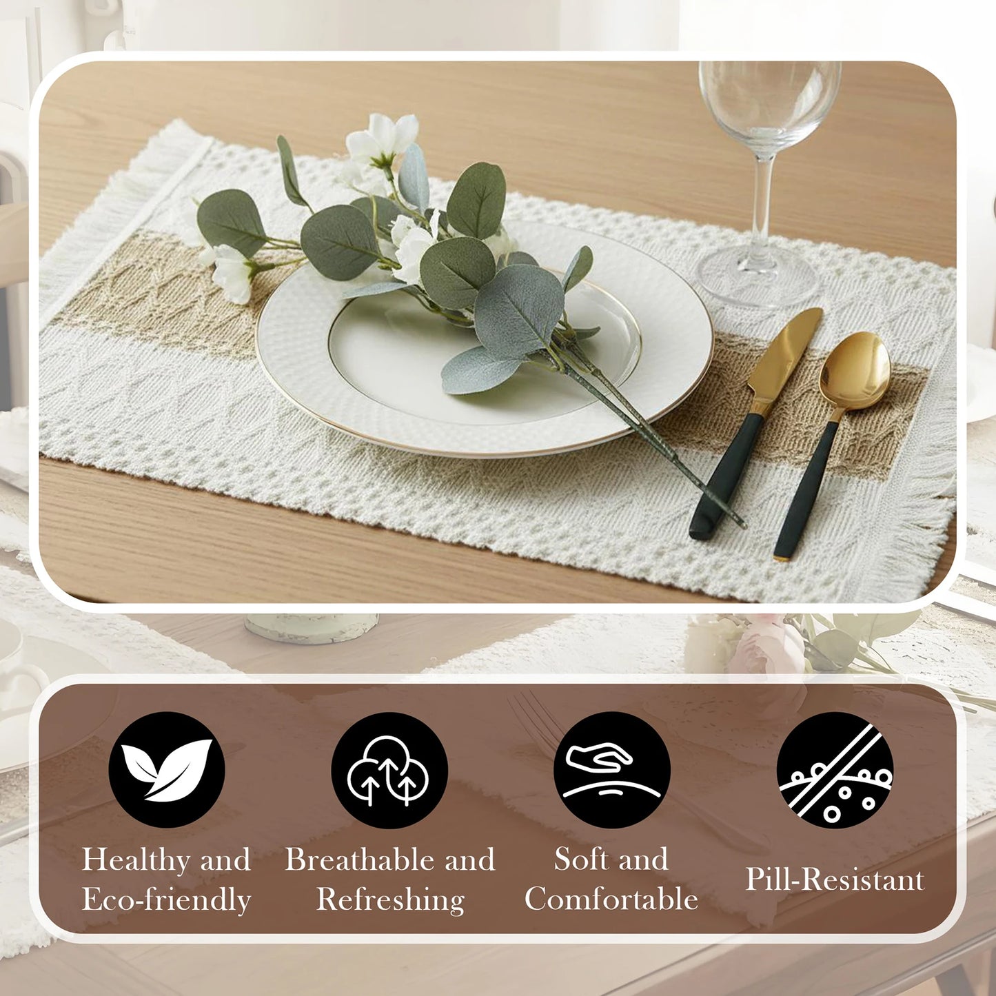 12 PCS Cotton Linen Placemats, Boho Beige Tassel Table Mats for Dining Table Farmhouse Decor