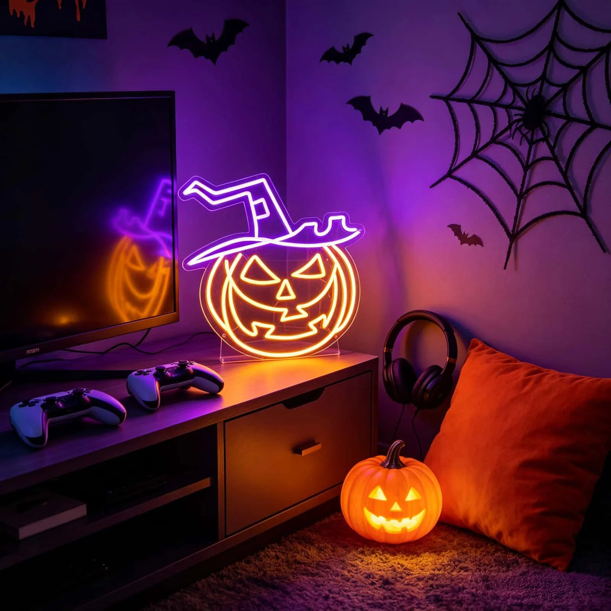 THIIXDAI Halloween Pumpkin Witch Hat LED Neon Sign Home Decor