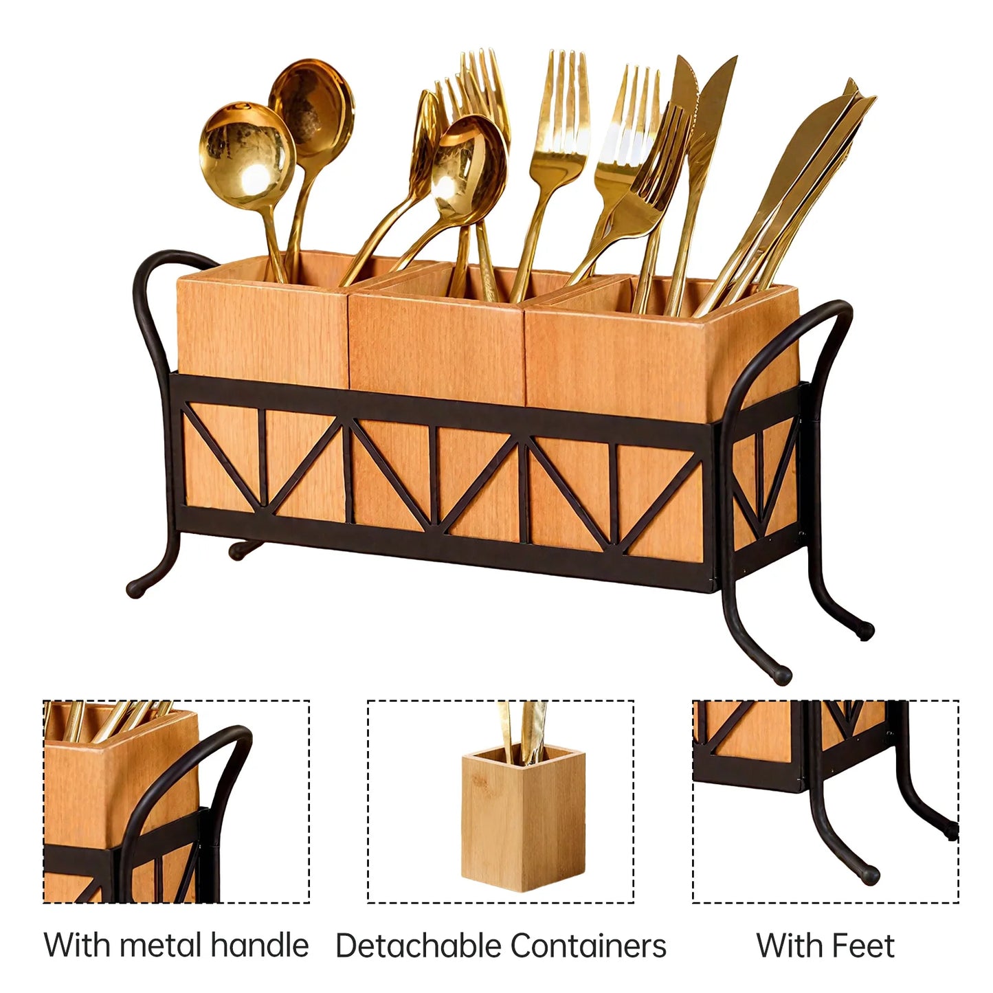 3 Compartment Bamboo Utensil Holder, Detachable Cutlery Organizer with Black Metal Rack for Kitchen Countertop