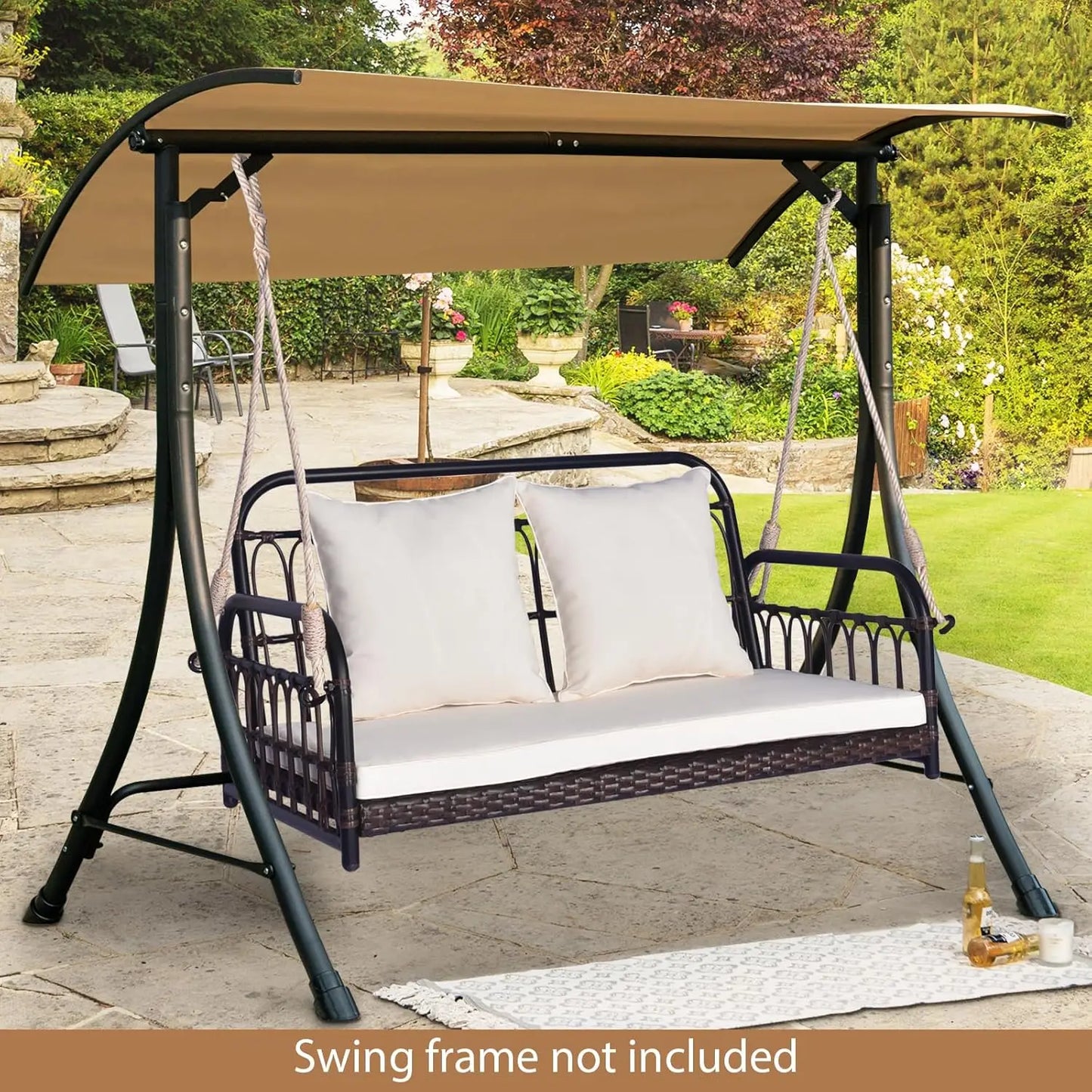 Outdoor Wicker Porch Swing, 2-Person Hanging Seat with Seat & Back Cushions, Heavy-Duty Metal Frame & 2 Sturdy, Customized