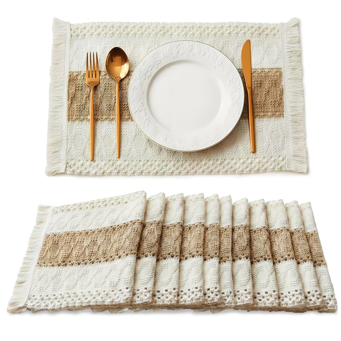 12 PCS Cotton Linen Placemats, Boho Beige Tassel Table Mats for Dining Table Farmhouse Decor