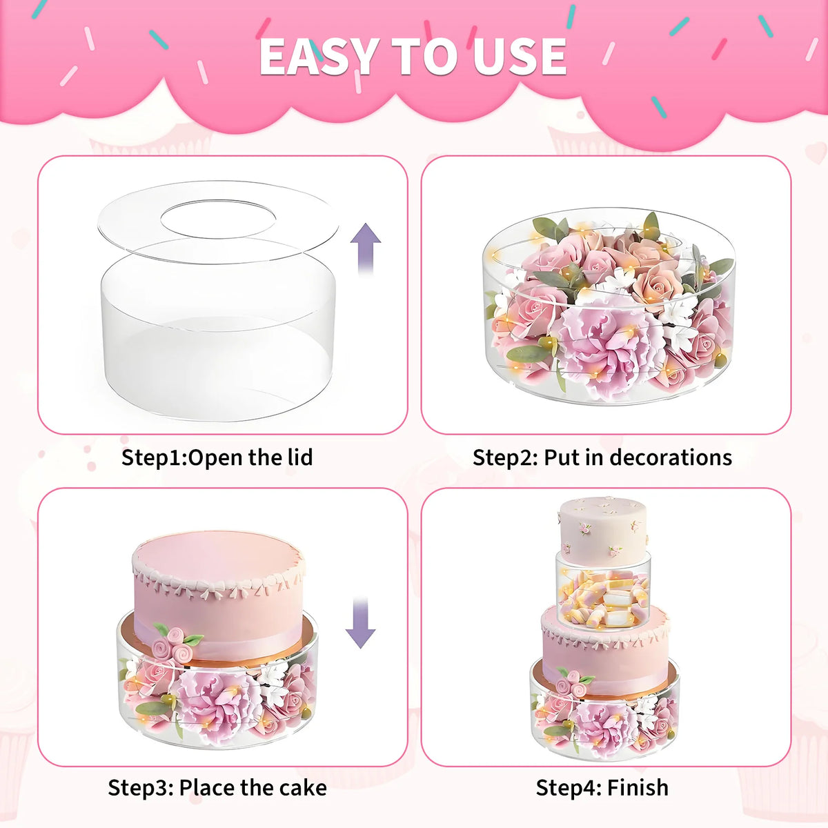3 PCS Acrylic Cake Stands, Round Clear Fillable Cake Display Risers with LED Light for Wedding Birthday Party