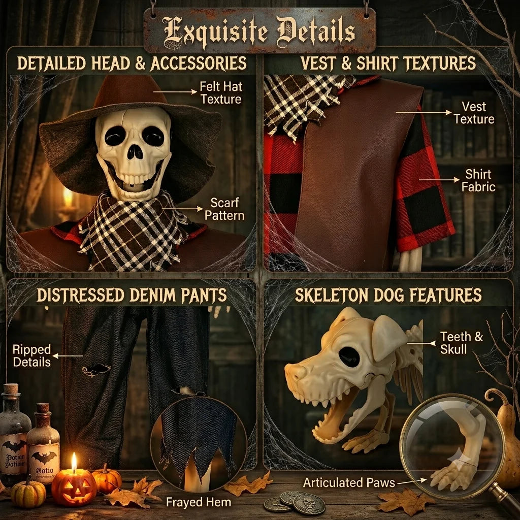 Posable Skeleton And Dog Halloween Cowboy Outdoor Decorations