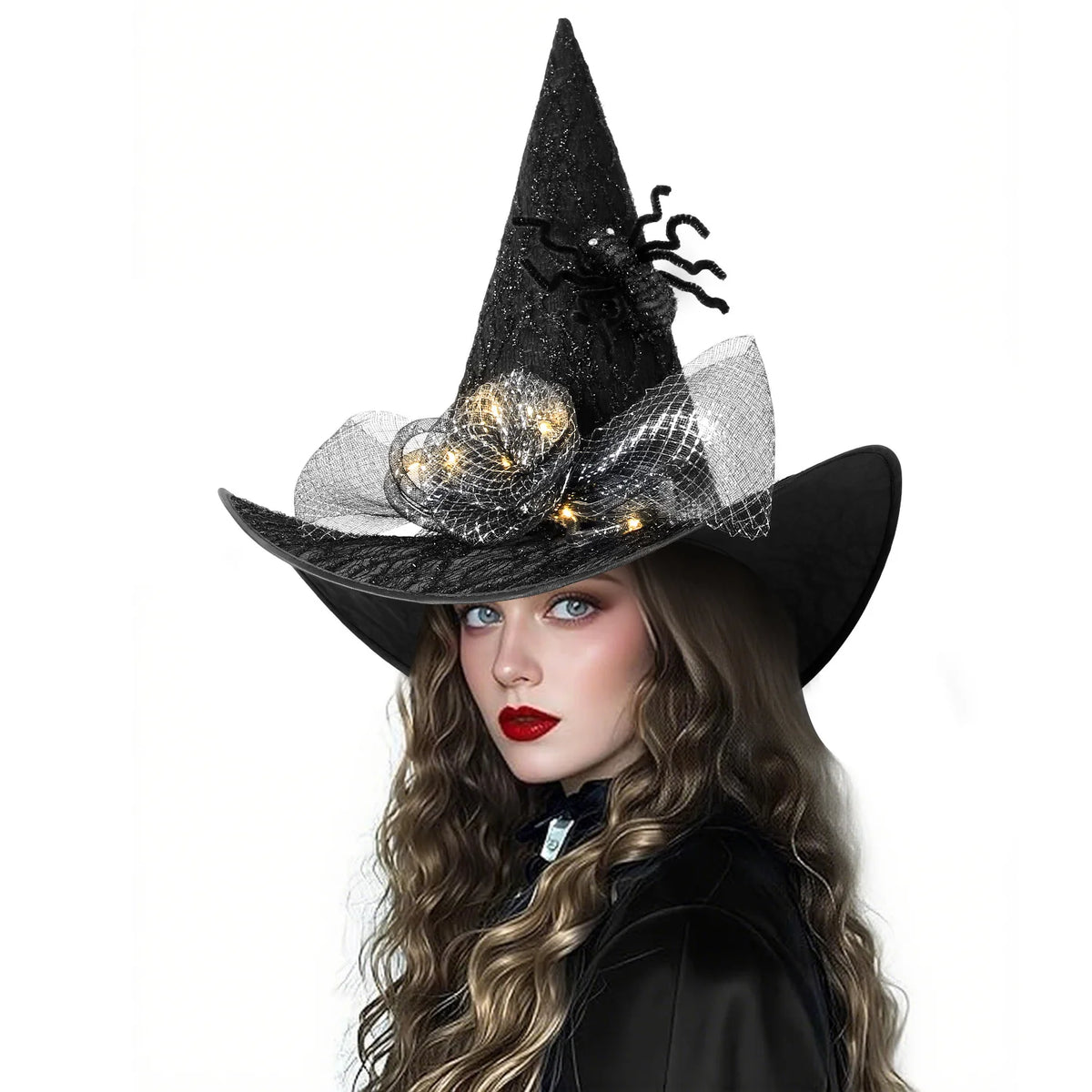Women's Halloween Witch Hat with Lace, Feather and LED Decor