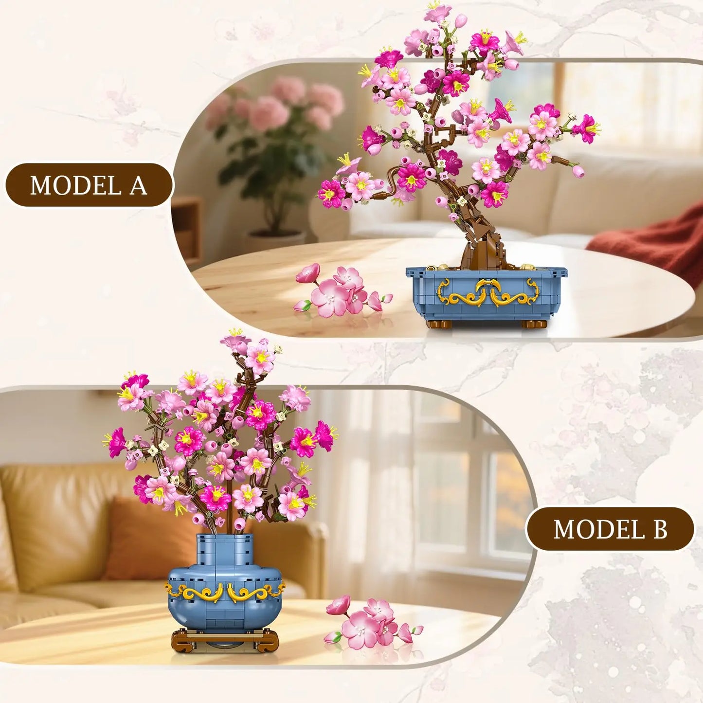 HOGOKIDS Flowers Cherry-Blossom Bonsai Building Set-2 in 1 Artificial Bonsai Tree Plants for Home Decor Toy Gift for Adults Teen