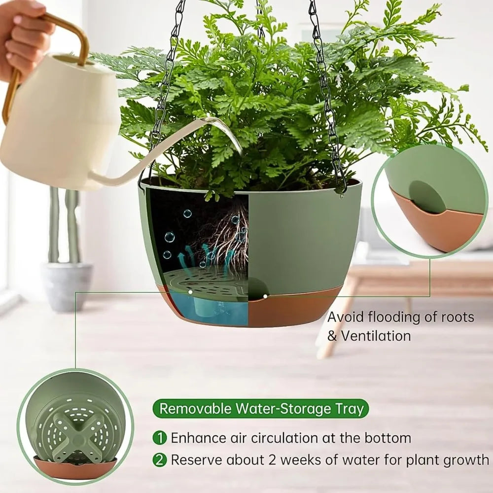 Set of 2 Self-Watering Hanging Planters, 8 Inch Indoor Outdoor Flower Pots with Drainage Holes & Removable Tray, Hooks Included