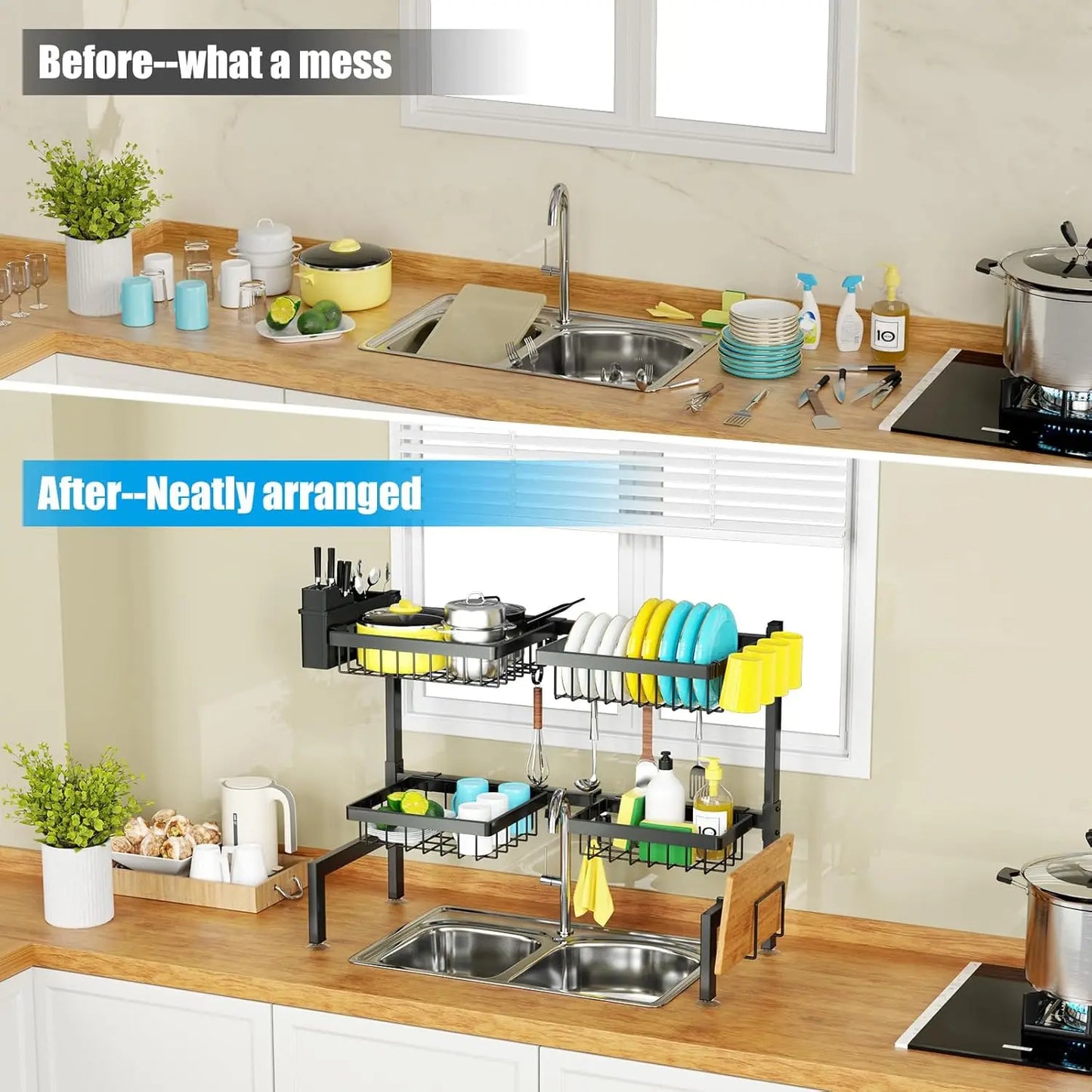 Over The Sink Dish Drying Rack 2-Tier With 4 Baskets