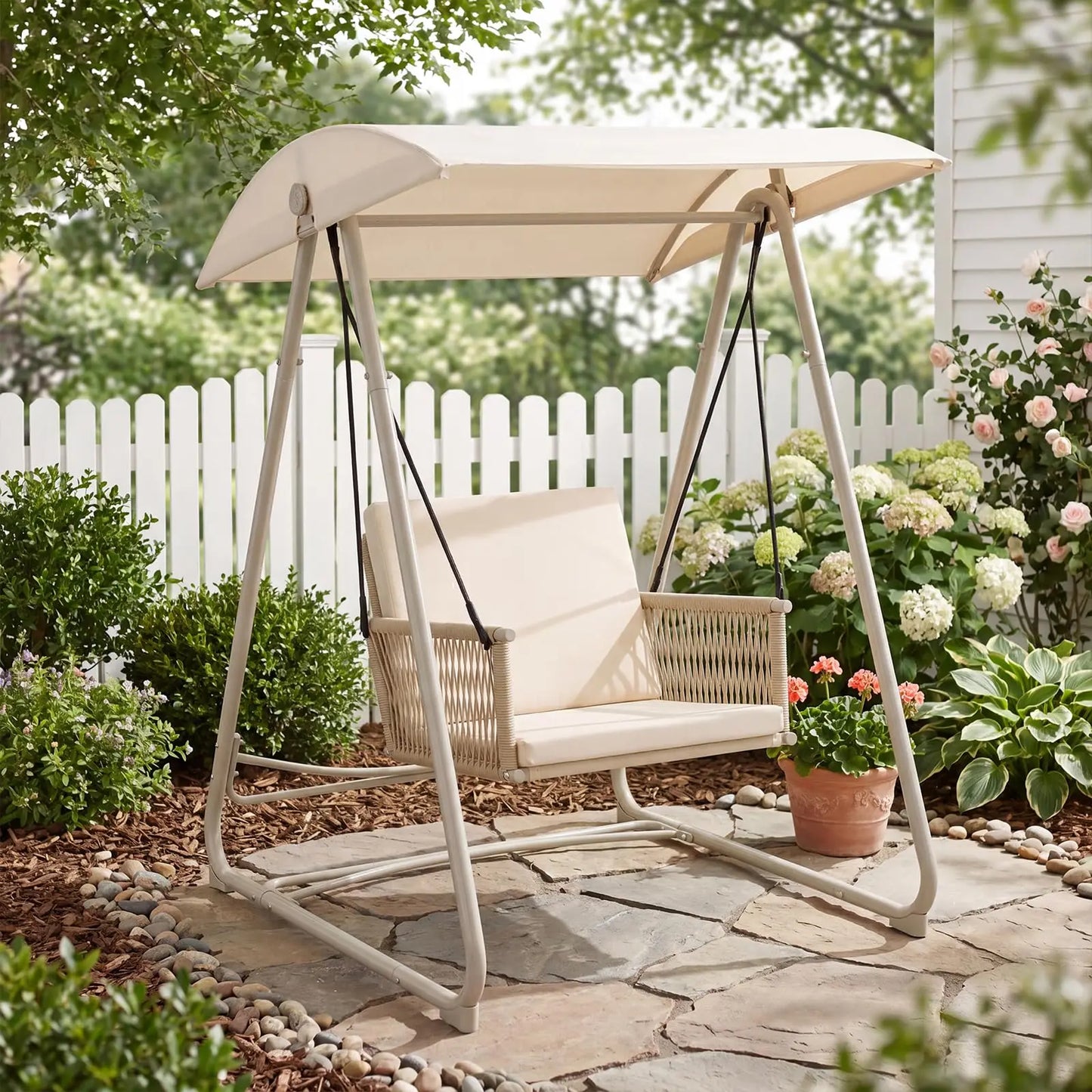 Outdoor Patio Swing Chair with Adjustable Canopy,Heavy-Duty Triangular Frame,Single Seat Garden Hammock Swing for Backyard,Porch