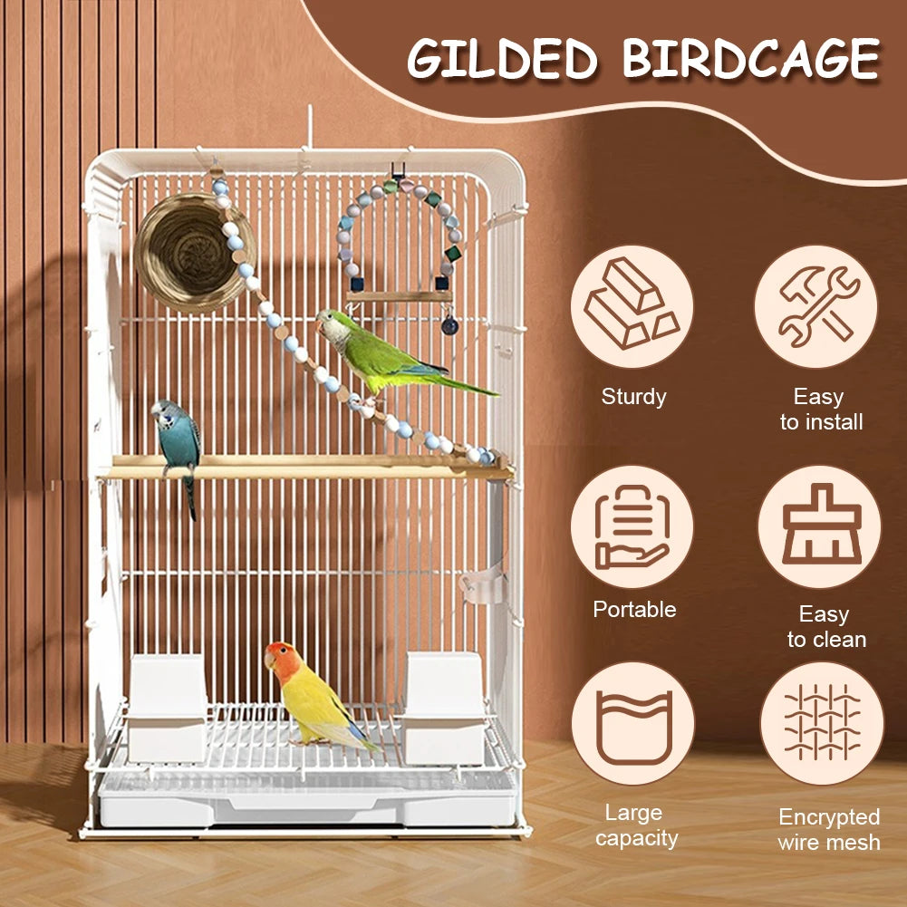 Wrought Iron Bird Cage Portable Parrot Cage Indoor Outdoor Tray