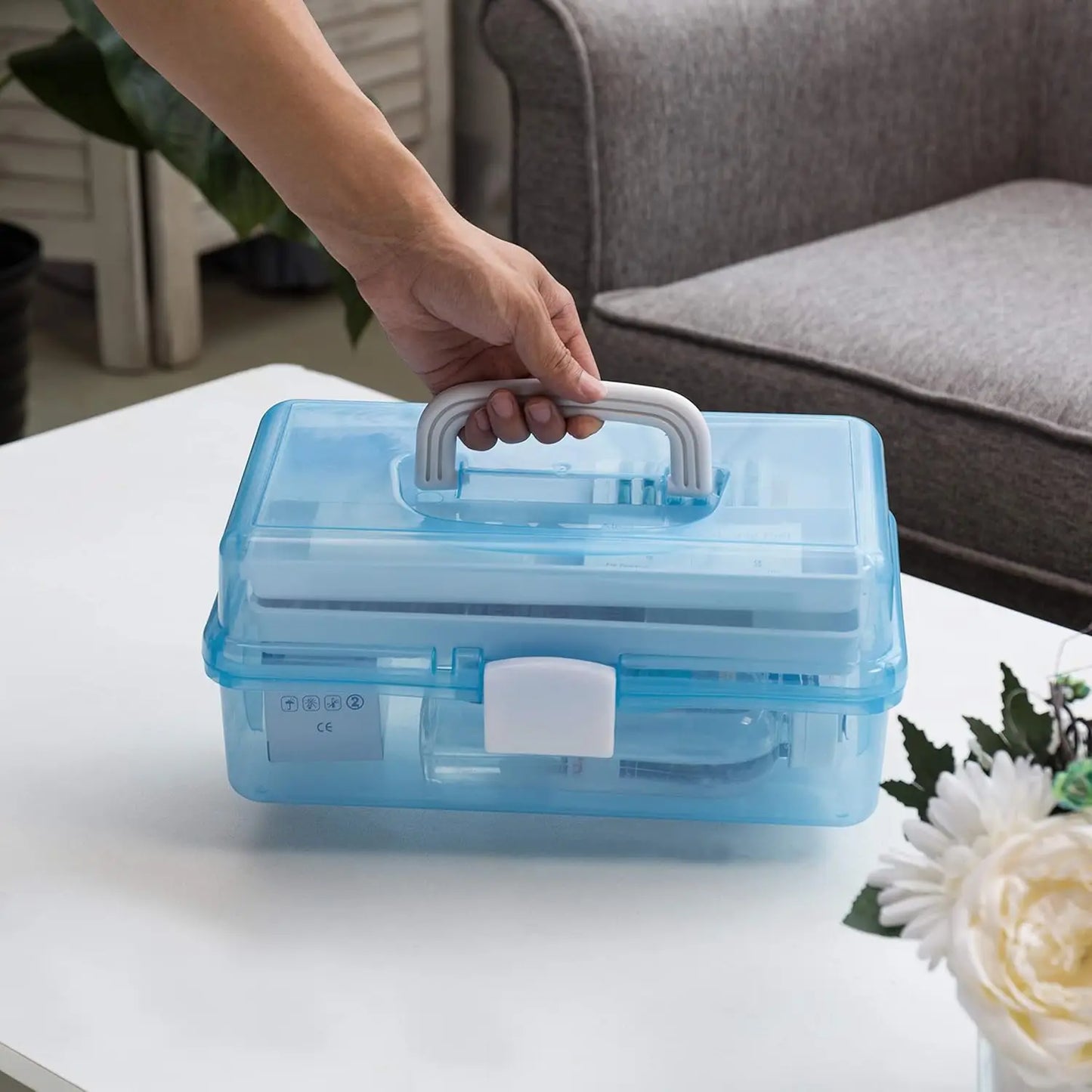 Plastic Storage Box With Handle Latching Lid Expandable Trays