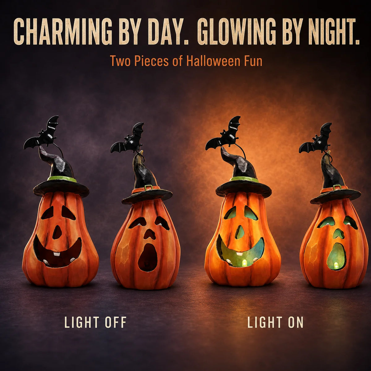 Hodao LED Halloween Pumpkin Figurine Set With Witch Hat
