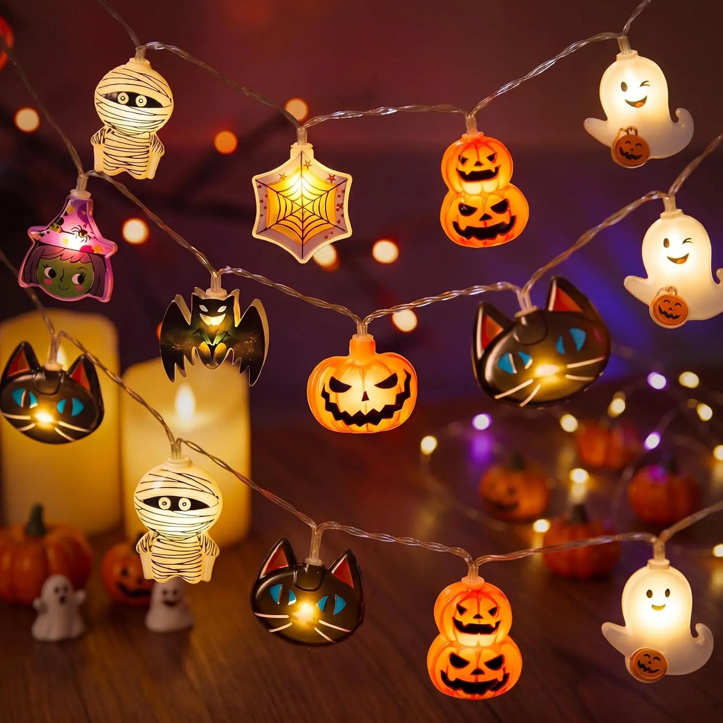 19.7FT 30 LED Halloween String Lights with Ghost & Pumpkin 3D Designs, Battery Operated Timer & 8 Lighting Modes, Spooky Indoor Outdoor Halloween Decorations for Party Yard Porch Patio