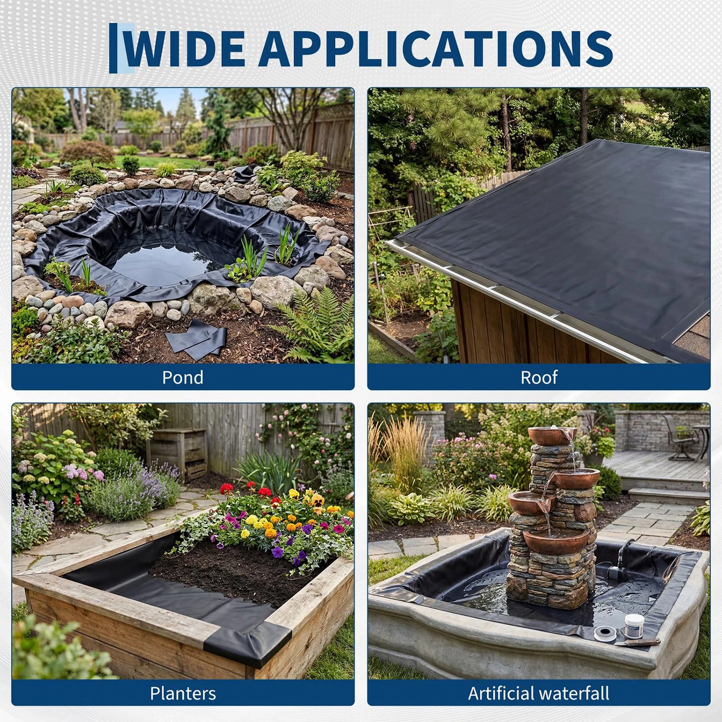 20 Mil HDPE Pond Liner, Heavy Duty Fish Koi Pond Waterproof Liner For Outdoor Garden Waterfall Fountain, 10x13 to 20x25 ft