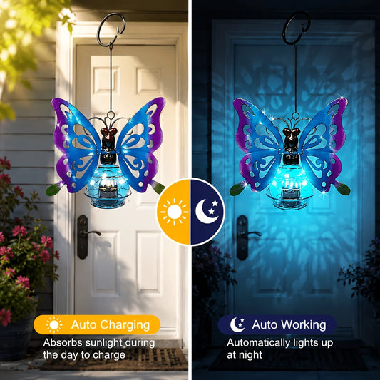 Butterfly Solar Lights Outdoor Garden Decor 2 Pack Hanging Lanterns