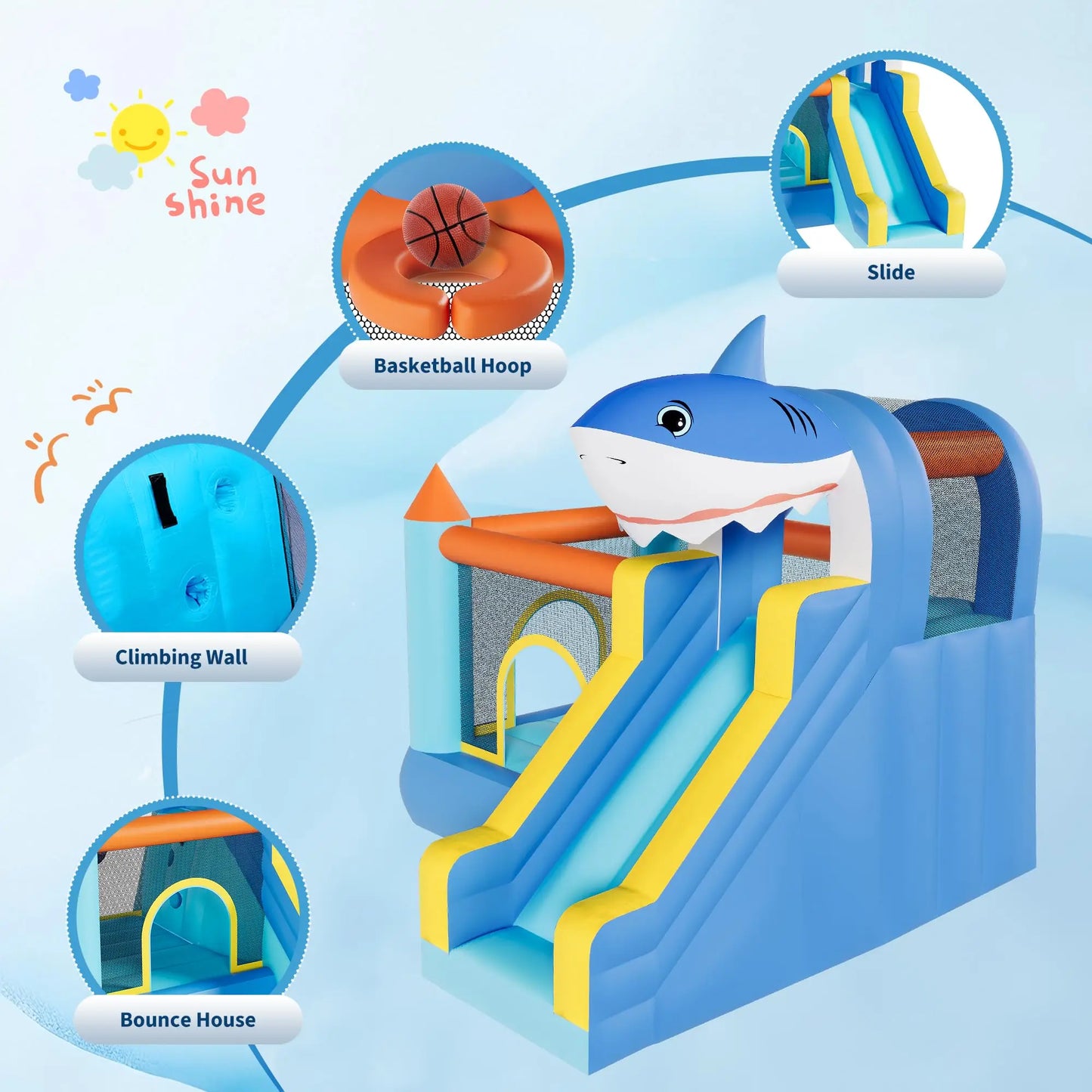 Inflatable Bounce House With Slide & Blower, Kids Bouncy Castle, Climbing Wall Basketball Hoop, Indoor Outdoor Backyard Play