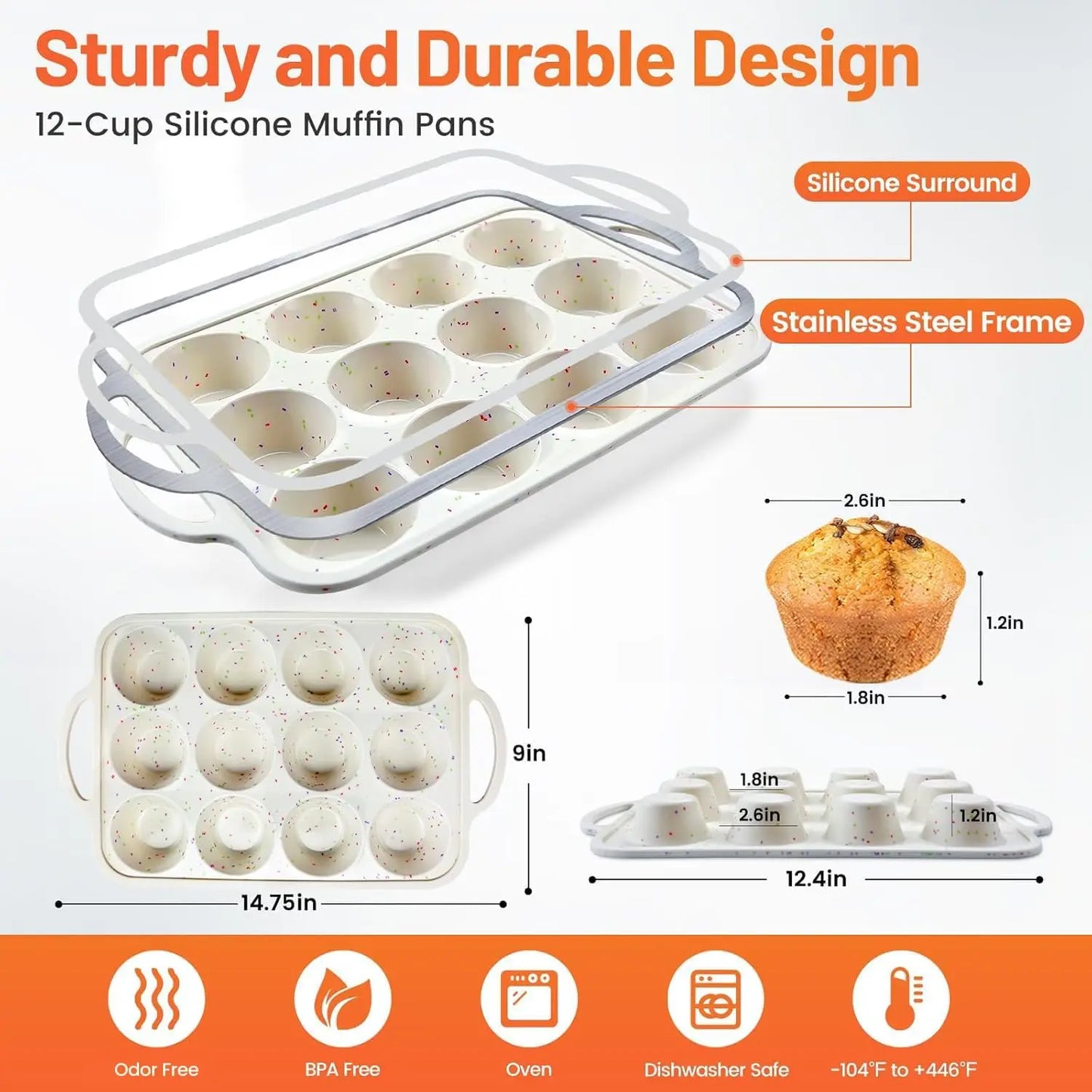 `12-Cup Silicone Muffin Pan with Reinforced Steel Frame, Non-Stick Baking Tray for Muffins Cupcakes Egg Tarts and Brownies`