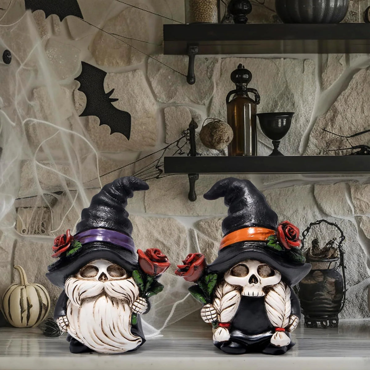Hodao Resin Halloween Skull Gnome Couple Figurines for Gothic Decor