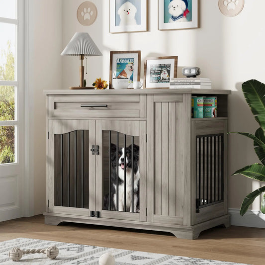 HiMISS Furniture Style Wooden Dog Crate With Feeding Station