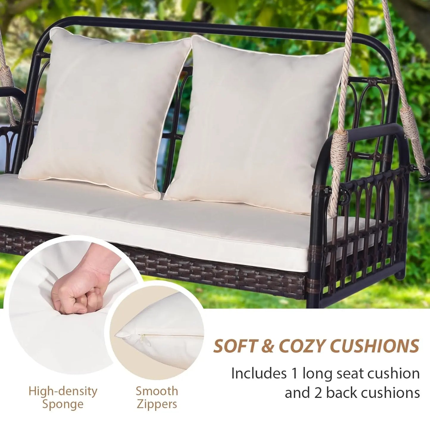 Outdoor Wicker Porch Swing, 2-Person Hanging Seat with Seat & Back Cushions, Heavy-Duty Metal Frame & 2 Sturdy, Customized