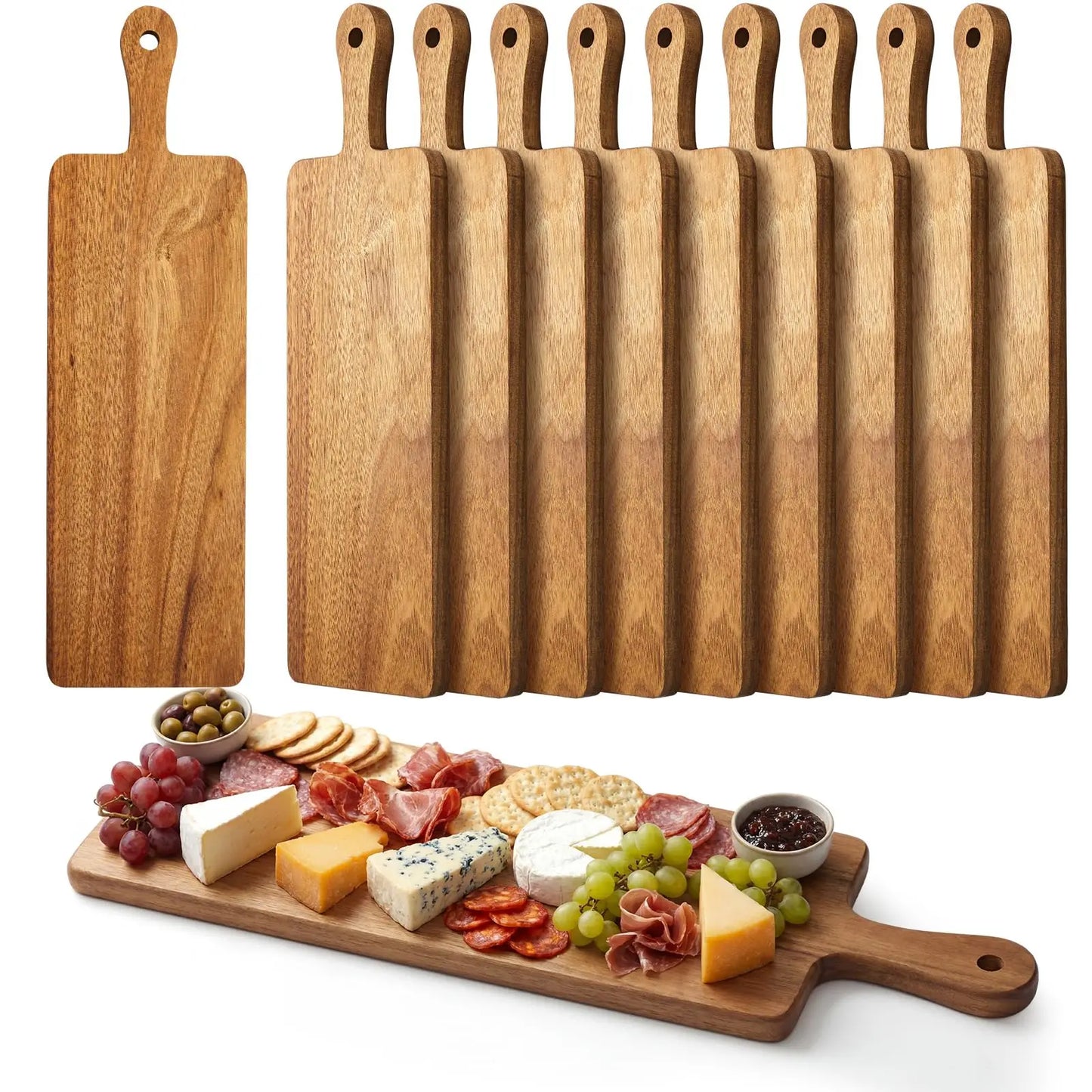 Nuenen 10 Pcs Wood Cutting Board with Handle 15.7 x 7.8 Inch Acacia Wooden Serving Kitchen Chopping Boards for Pizza, Bread, Cheese, Charcuterie, Fruit, Vegetables(Acacia)