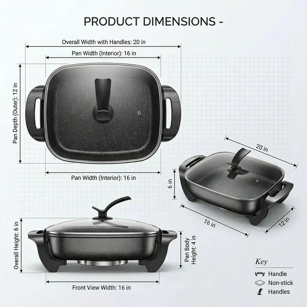 Aoran 16 Inch Family-Sized Electric Skillet, Non-Stick Electric Griddle With Tempered Glass Lid & Steamer Insert, Perfect For B