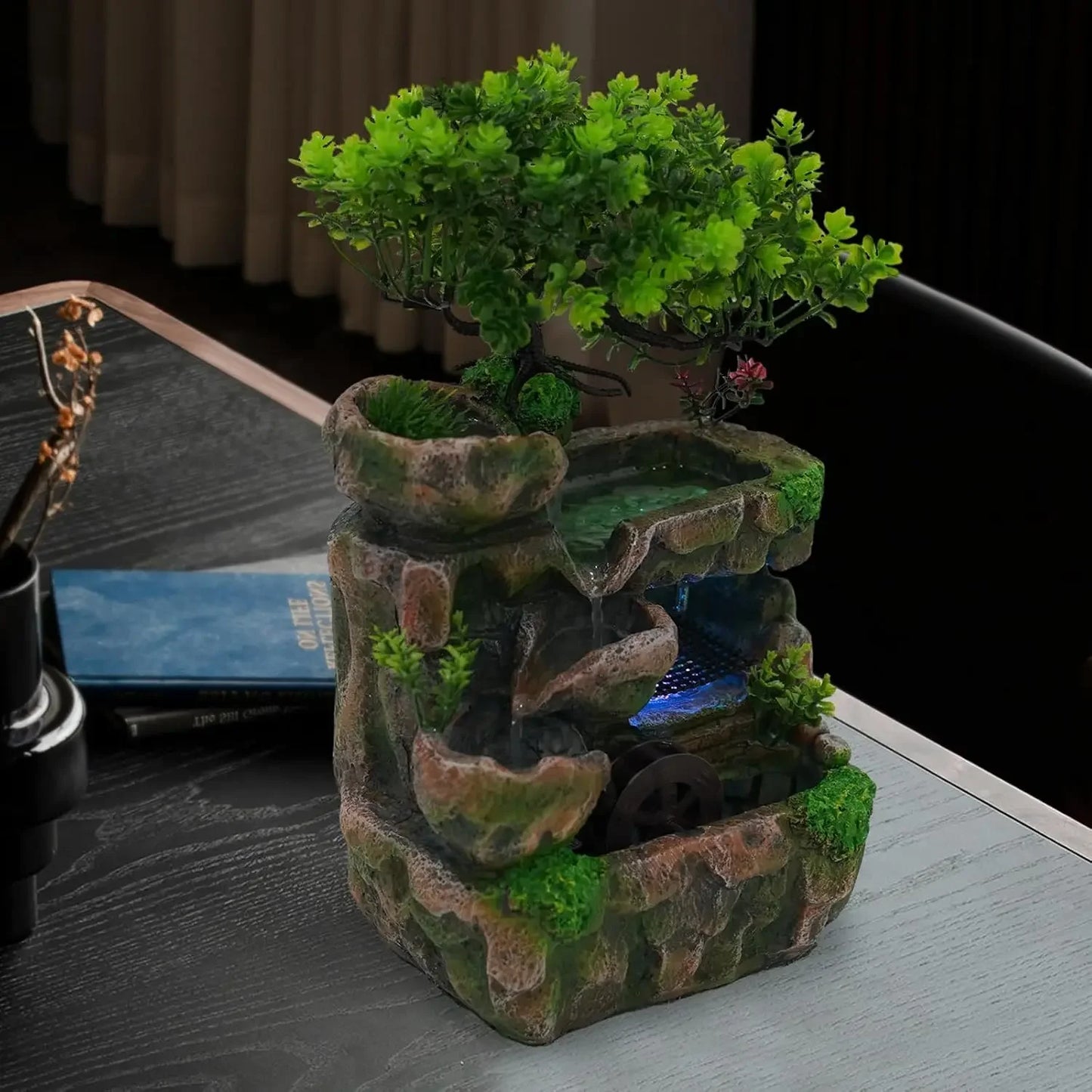 Indoor Tabletop Waterfall Fountain With Automatic Pump LED Light