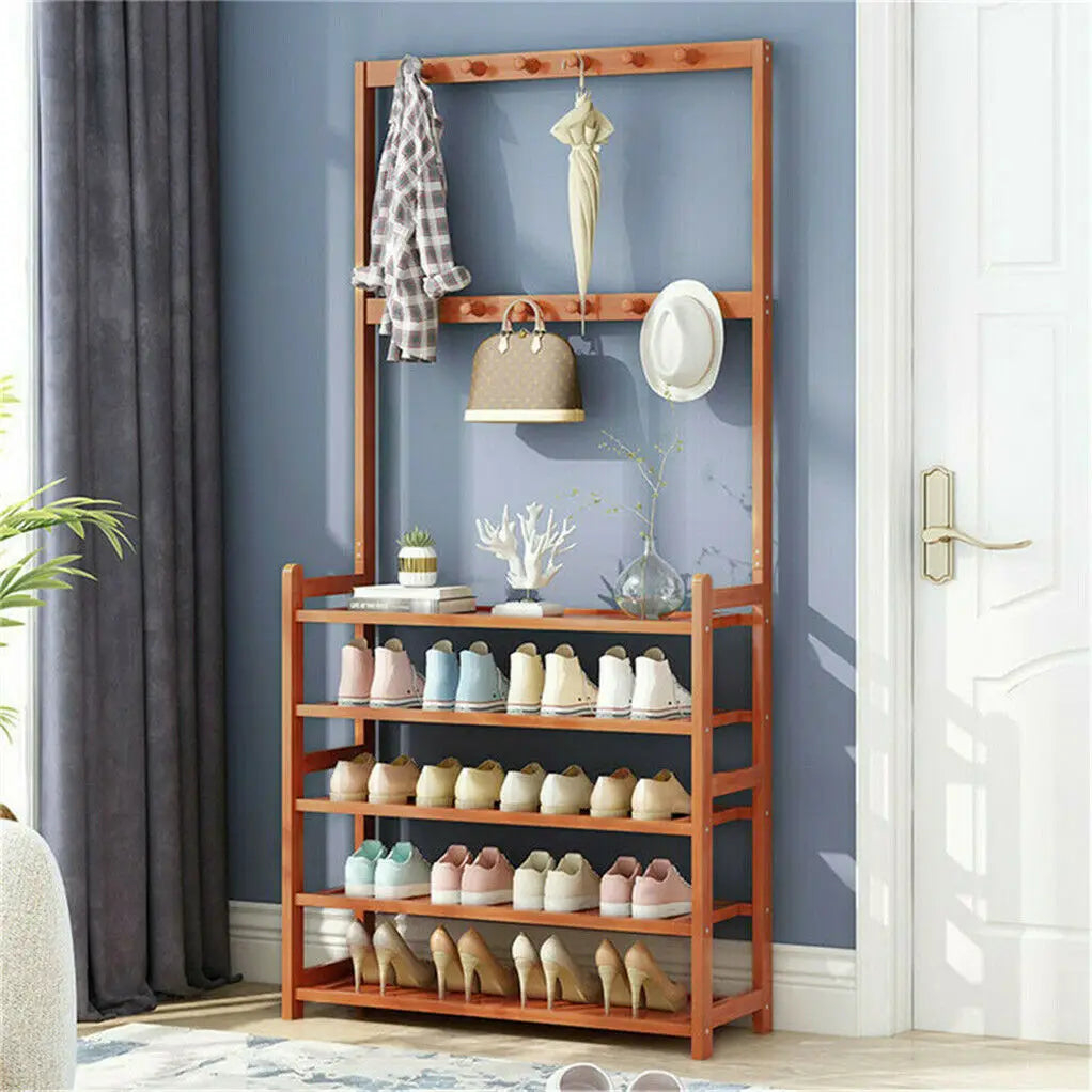 Bamboo Hall Tree Bench With Coat Hooks For Entryway Storage