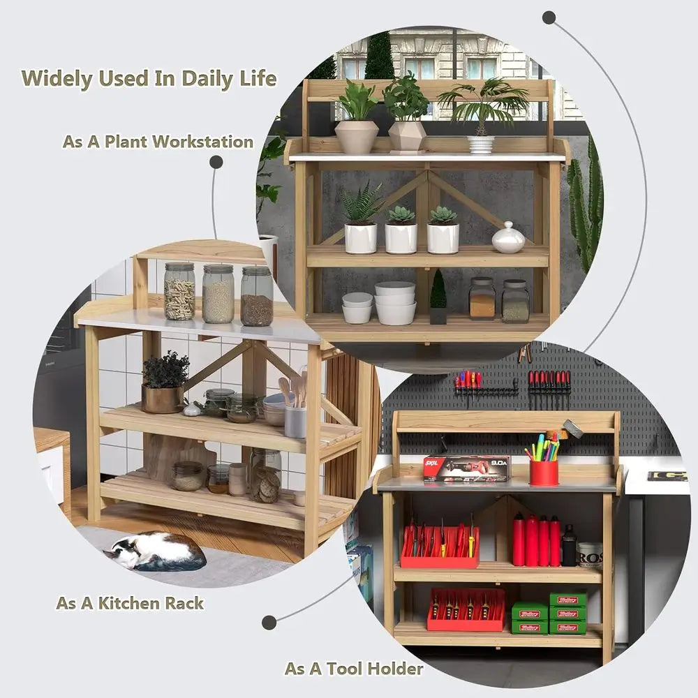 Garden Potting Bench, Gardening Work Station Table with 2 Storage Shelves, ir Wood Structure & Metal Tabletop, Garden Table Pott