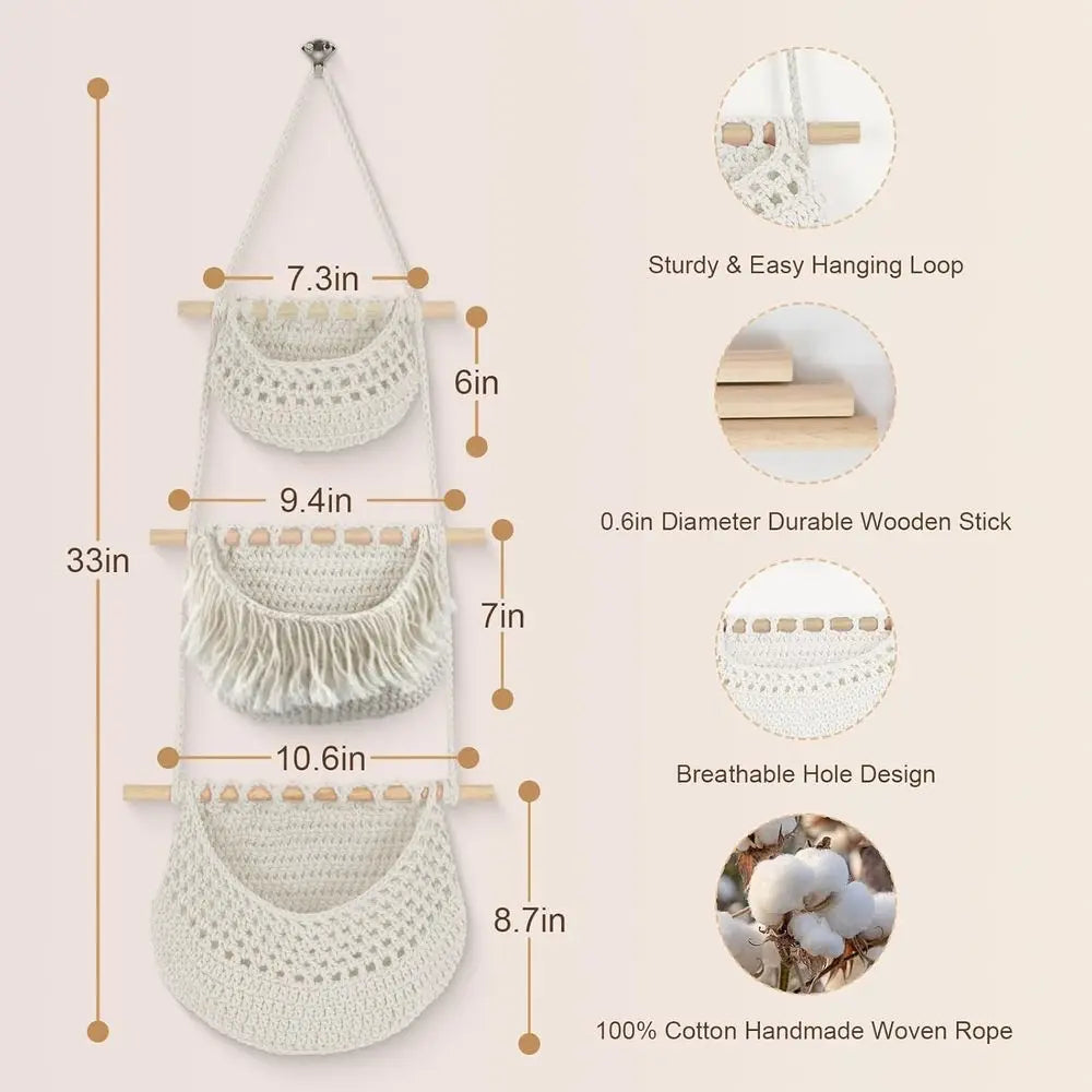 Hanging Baskets, 3 Tier Detachable Wall Hanging Fruit Basket Over the Door Organizer, Fruit Vegetable Plant, Boho Cotton Crochet