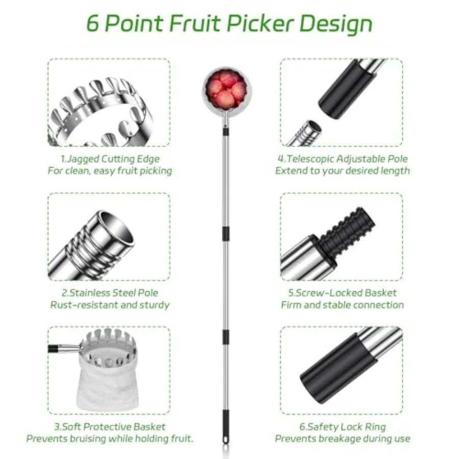 BURMONG Fruit Picker Tool with Stainl Steel Pole and Soft Basket Adjustable Tree Fruit Harvester for Apple, Mango, Avocado, Ora