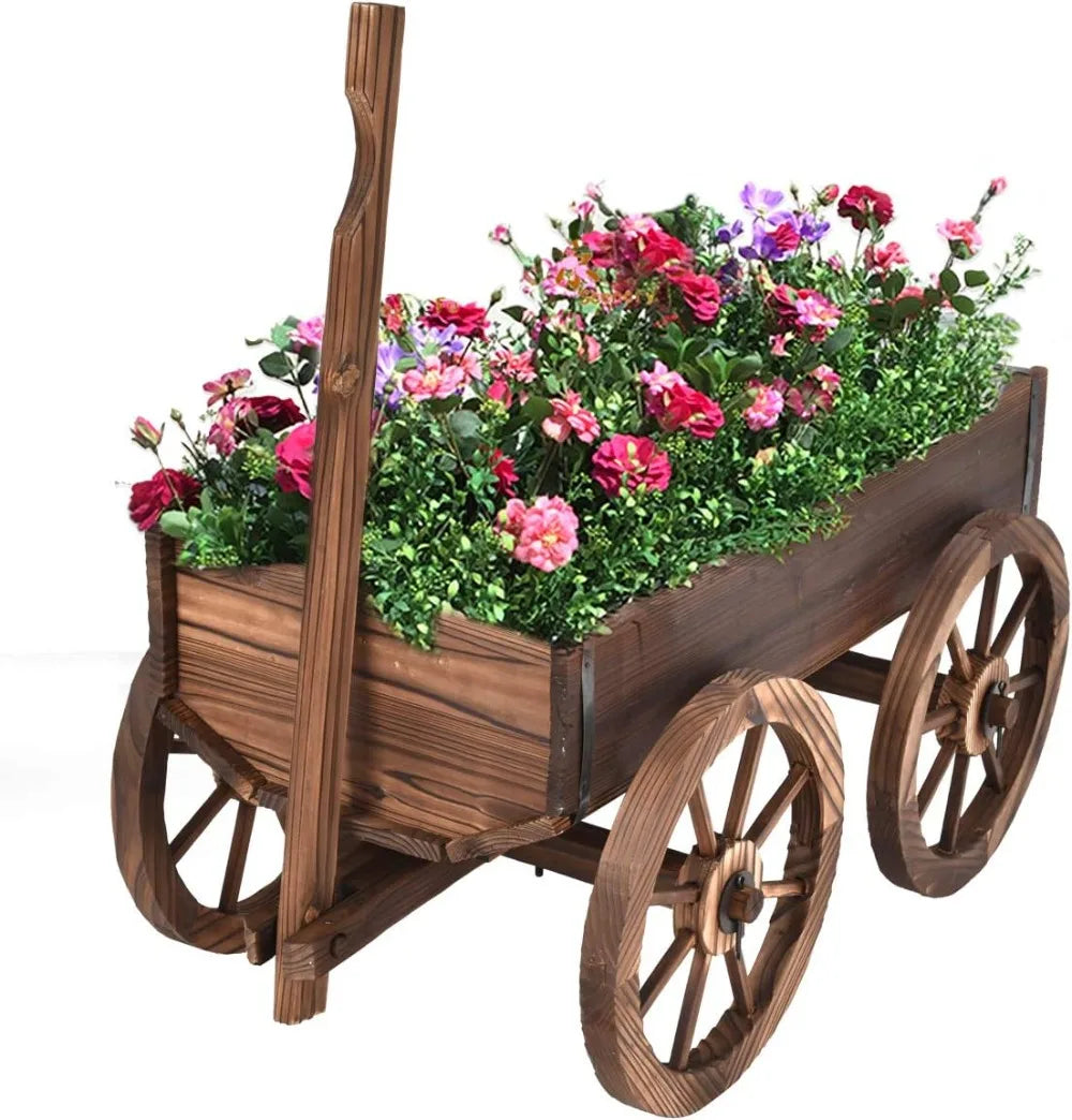 Wood Wagon Planter With Wheels Outdoor Flower Stand For Patio