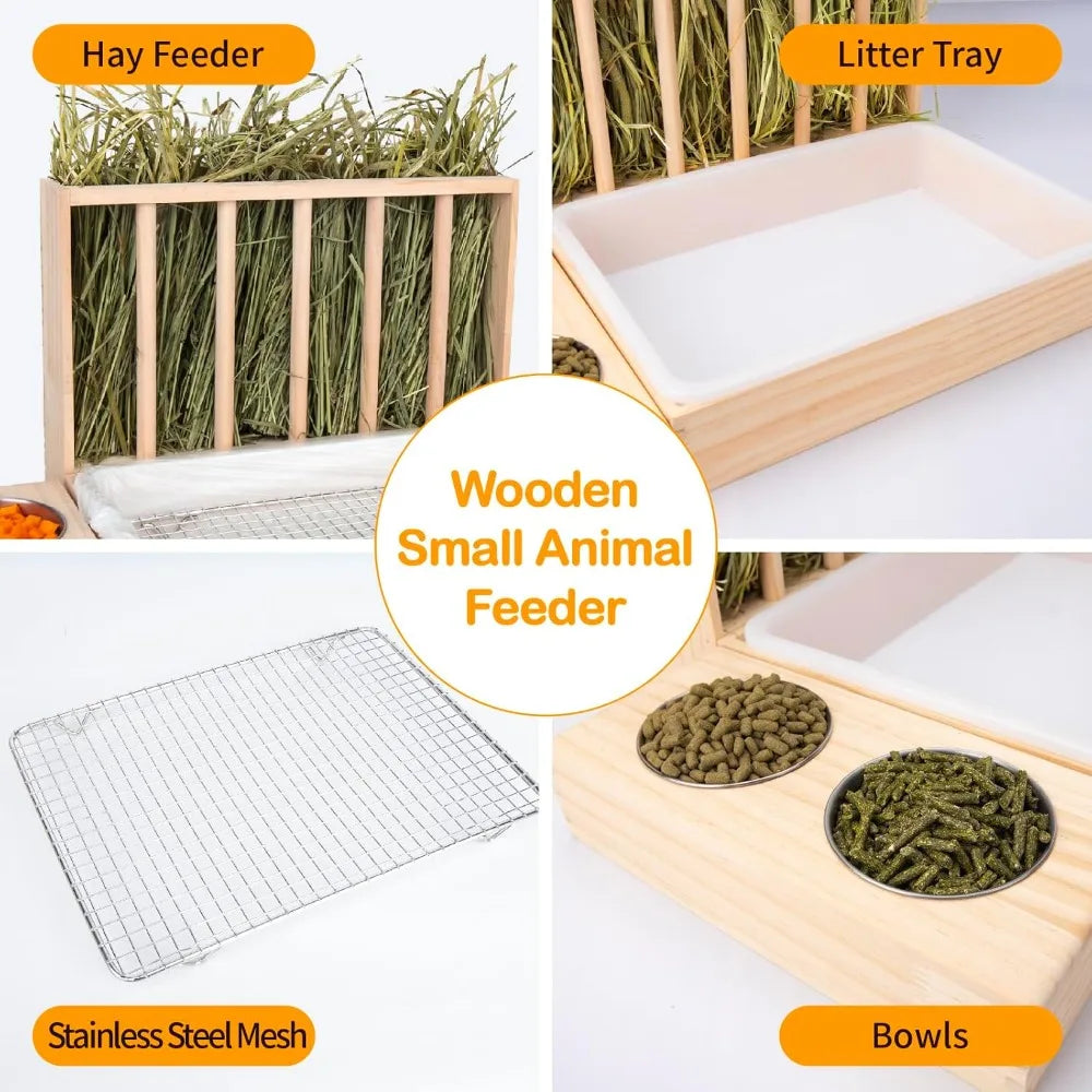 3 In 1 Rabbit Hay Feeder With Litter Box, Upgraded Wooden Hay Feeder Set For Guinea Pig Chinchilla Bunny, Quick Cleaning & Large Capacity