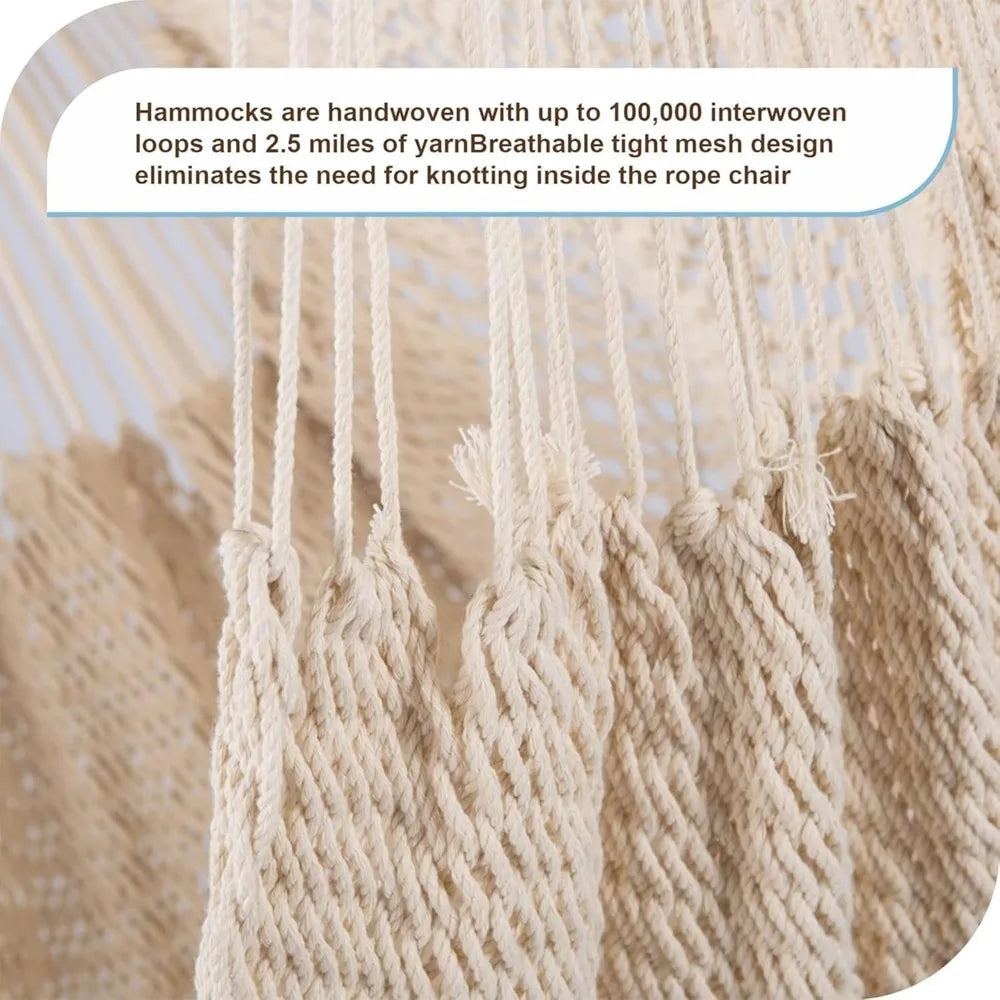 Caribbean Style Hanging Rope Chair with 40 Inch Wood Bar Cotton Weave Indoor Outdoor 300 LB Natural
