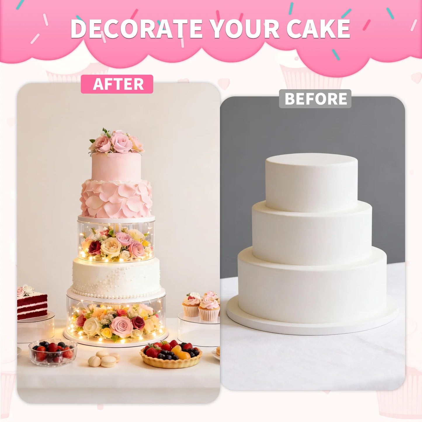 3 PCS Acrylic Cake Stands, Round Clear Fillable Cake Display Risers with LED Light for Wedding Birthday Party